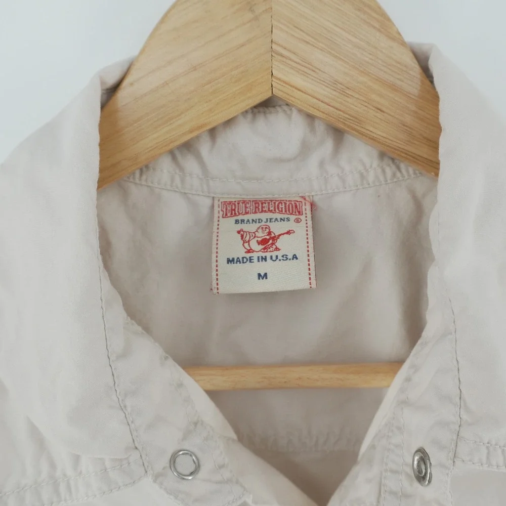 True Religion Button Down Shirt Mens M Tan Short Sleeve Western Horseshoe Logo